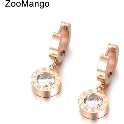 ZooMango AAA Cubic Zirconia Round Roma Number Stainless Steel Earrings Charming Jewelry For Women Girls Pendientes ZE18041