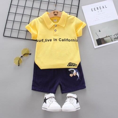 Summer T-shirt childrens handsome polo shirt boys alphabet cartoon shark 2-piece Baby Short Sleeve suit 2-4 years old