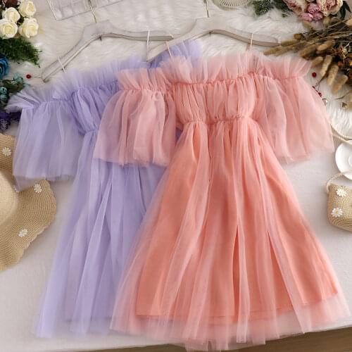 Sweet Fairy Off Shoulders Gauze Spliced Ruffles Dress Strapless Mesh Gauze Spliced Pleated Vintage Dress A-Line Vestidos 2020