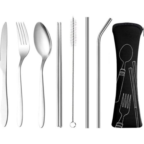 7pcs/Set Dinnerware Portable Stainless Steel Tableware Set Spoon Fork Steak Knife Set Travel Cutlery Tableware with Bag