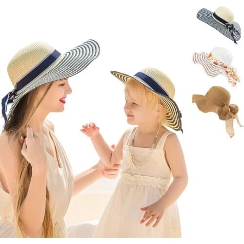 Parent-Child Mother Daughter Summer Straw Sun Hat Wavy Wide Brim UV Protection Sweet Ribbon Bowknot Beach Panama Cap