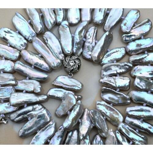Rare Natural Grey Abnormal Biwa akoya Freshwater Pearl Necklace 18 "AAA