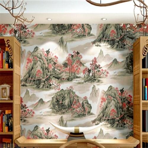Beibehang New Chinese style wallpaper classical Zen landscape painting tea room living room TV background wallpaper