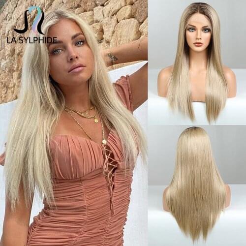 La Sylphide Synthetic Lace Front Wigs Long Wavy Root Brown Ombre Blonde Lace Wig Middle Part for Women Nature Hair for Daily
