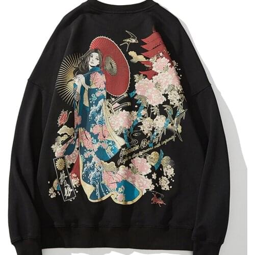 Japanese Flower Print Pullover Hoodies Hooded Sweatshirts Sweaters Harajuku Fashion Casual Streetwear Hip Hop Tops FF2443