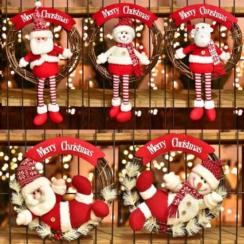 Christmas Wreath Rattan Front Door Hanging Garland with Doll Santa Claus/Deer/Snowman Hanging Pendant Tree Ornaments for Party
