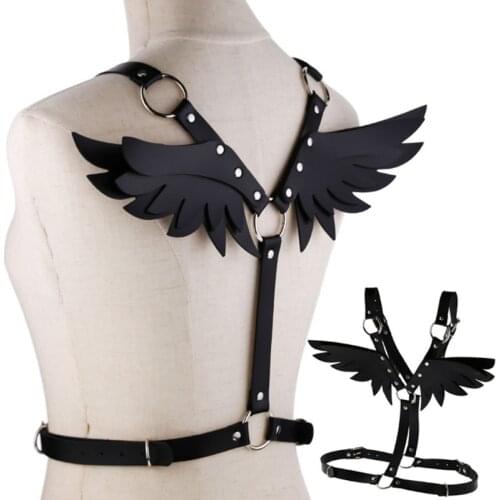 Sexy Angel Wings Leather Harness Cage Bra Belt Lingerie Fetish Black Body Sexy Tops Caged Bralette Punk Goth Dance Underwear