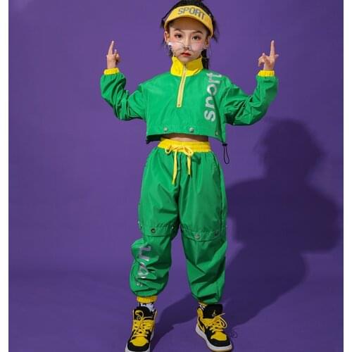 Jazz Hip Hop Dance Costumes For Girls Suit Green Long Sleeve Jazz Clothing Street Dance Children Green Stage Costume
