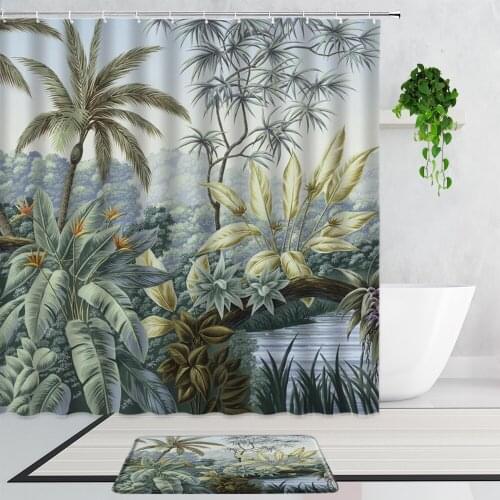 Tropical Plants Shower Curtains Palm Tree Monstera Leaves Bathroom Decor Non-Slip Carpet Mats Bath Curtain Washable With Hooks