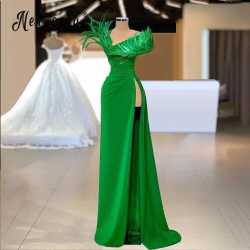 Green Dress Split Sides Evening Dress Feather Taffeta Prom Dresses High Split Evening Dresses A-Line Long Formal Party Gowns