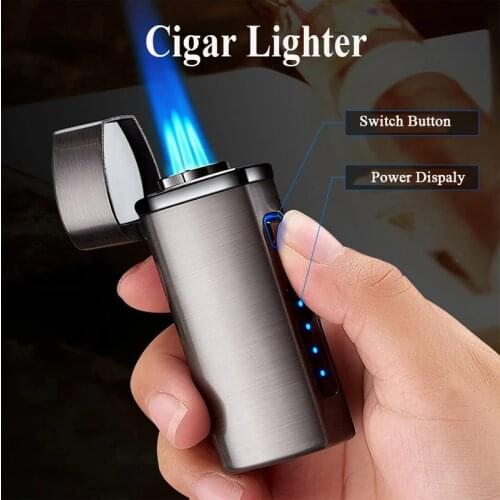 Windproof Metal USB Triple Torch Gas Window LED Lighter 3 Jet Gas Cigar Three Turbo Powerful BBQ Spray Gun Kitchen Pipe Lighter