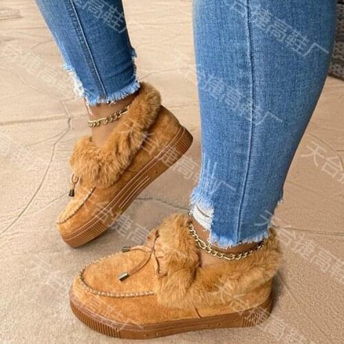 Womens cotton shoes 2020 winter European and American bow warm shoes flat size wool shoes big size womens shoes