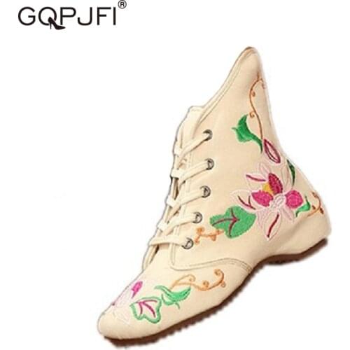 GQPJFI Retro Bohemian Women Boots Printed Ankle Vintage Motorcycle Booties Ladies Shoes Womens New Embroider High Heels Boots