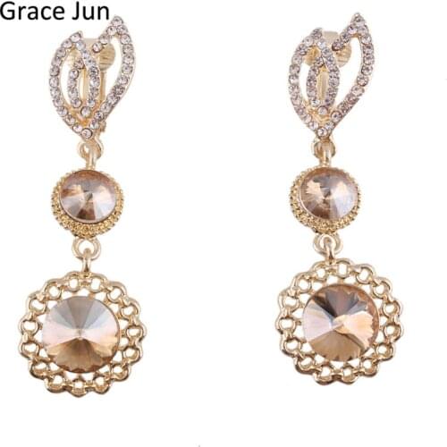 Grace Jun New 9 Colors Choose Austrian Crystal Clip on Earrings Non Piercing for Women Elegant Long Round Earrings High Qulaity