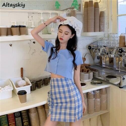 Dress Sets Women Blue Crop Lovely Girls Sweet Korean Fresh Slim Sexy Preppy Style Single Breasted O-neck Trendy Students Leisure