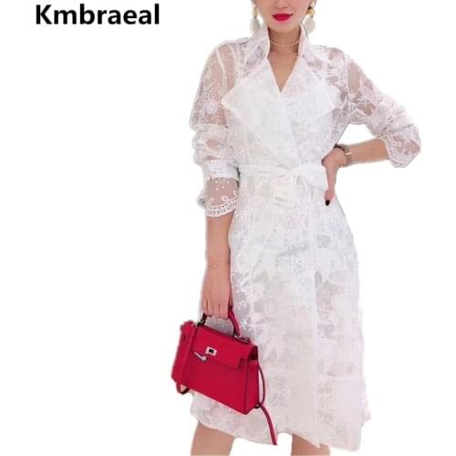 2018 Autumn Women Sexy Lace Mesh Embroidery Through Belt White Trench Coat Turn-Down Collar Double-breasted Long Coats Outerwear