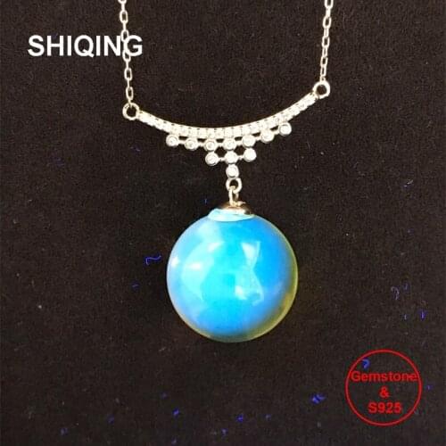 SHIQING Clear nature blue amber 925 sterling silver gemstone necklace for women