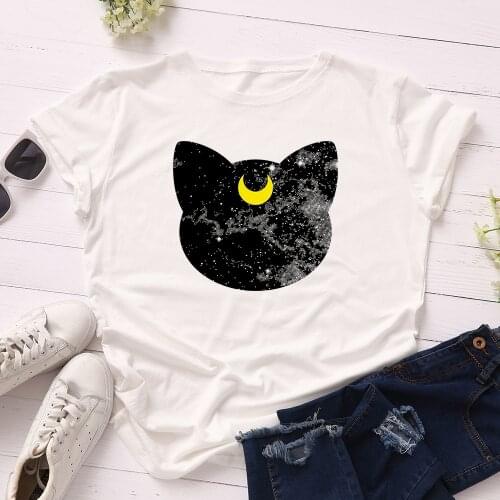 100% Big Size Cotton Summer Cartoon Moon Cat New Womens T-shirt O-Neck Harajuku Top Casual Female T shirt Oversized Size S-5XL