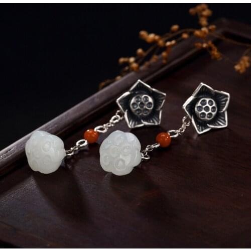 2018 Time-limited Sale Anniversary Earings Fashion Jewelry One Deer S925 Pure Natural Hetian Jade Lotus Lady Earrings Wholesale