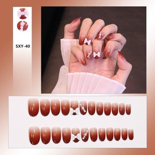 24Pcs/Set Red Gradients Pearl 3D Bow Designs Fake Nails Stickers Short Paragraph Removable Fashion Manicure With Glue Nail Art