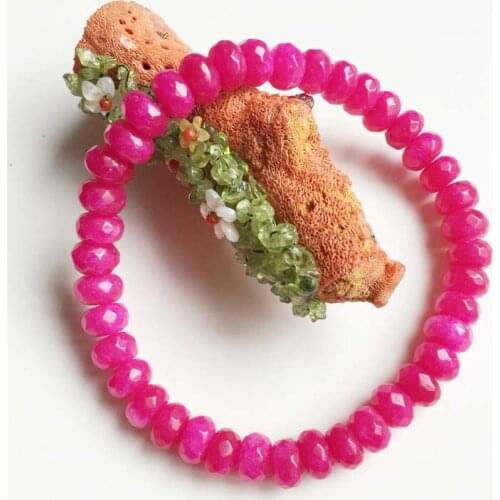 5*8MM Faceted Rose Red Jade Bracelet For Women Men Natural Stone Beads Round Shape Relief School Student Friend Jewelry Gift