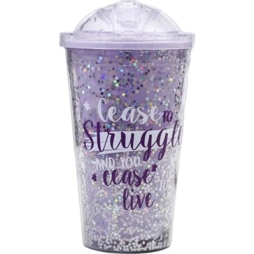 500ml new Ming reusable double wall flashing star plastic drinking cup with straw lid coffee cup gift