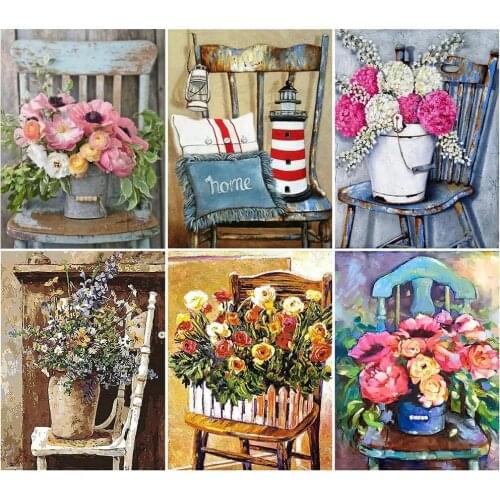 5D Flowers On The Chair Diamond Embroidery Home Decor Bucket of Flowers Diy Diamond Painting Full Square Round Rhinestone Mosaic