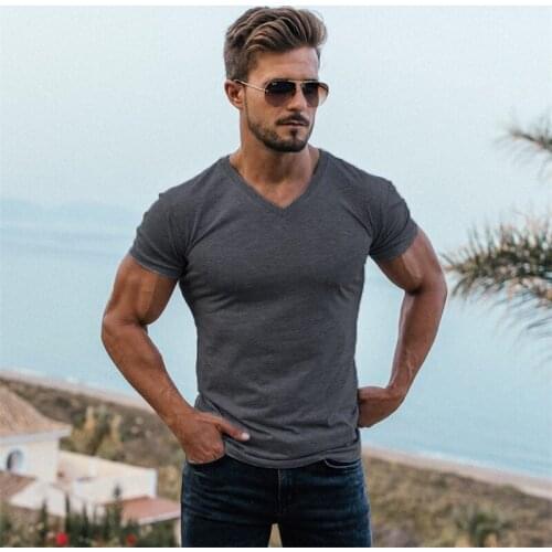 Bodybuilding Fitness Workout Tops Solid Color Men Running Sports Slim Fit Cotton Short Sleeve Tee Shirt Gym Clothing