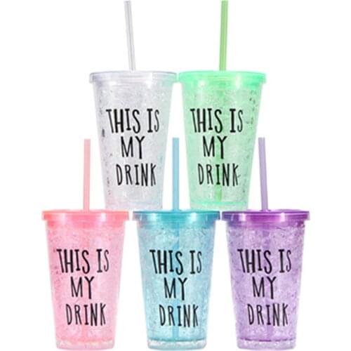 Color 450ml double ice plastic ice cup, Cold drink travel cup, Coffee cup Tea cup, Reusable Smoothie cup with Straw