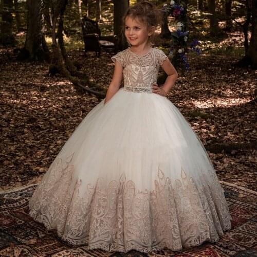 Kids Lace Long Prom Wedding Bridesmaid Dress Girls Tulle Elegant Princess Gowns Children Teen White Evening Dresses for Girl