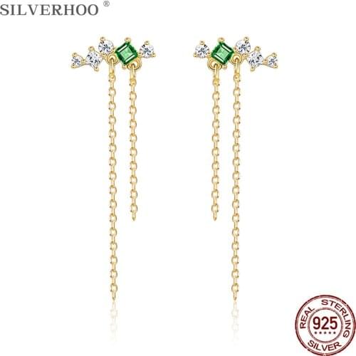 SILVERHOO 925 Sterling Silver Gold Color Flower Tassel Drop Earrings For Women Dazzling Cubic Zirconia Earring Silver Jewelry