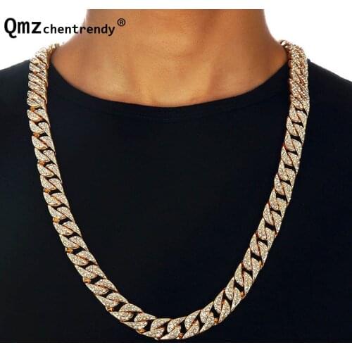 Hip Hop Bling Fully Iced Out Rhinestoe Mens Miami Cuban Link Chain Golden Necklaces Simulated Gemstone Club Bar Chains Jewelry