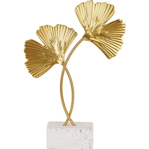 INS Style Golden Metal Ginkgo Leaves Desktop Ornaments Crafts with Marble Base Living Room Decor Home Accessories