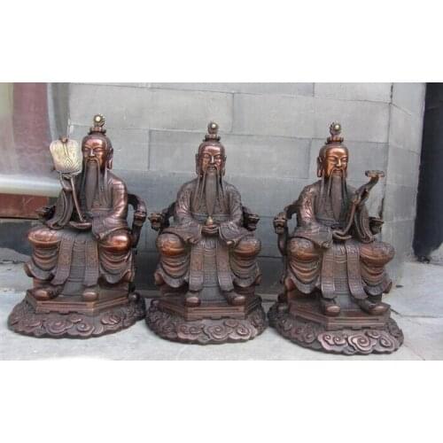China Red Bronze High Lord Laojun Taoist Buddha 3 God Set Dragon Ruyi Fan Statue