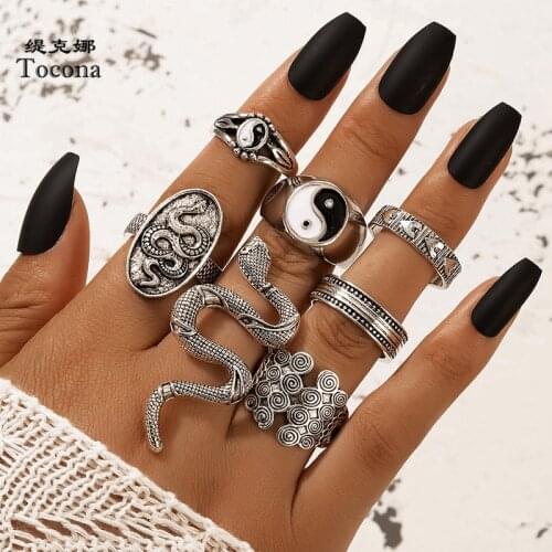 Tocona 7pcs/sets Punk Snakle Tai Chi Ring Sets for Women Men Charms Heart Vintage Silver Color Geomey Jewelry Anillo 19693