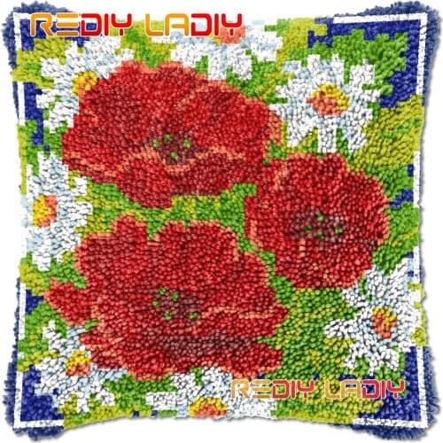 Latch Hook Cushion Three Poppies DIY Needlepoint Kits Chunky Acrylic Yarn Arts Crocheting Lofty Pillow Case Hobby & Crafts