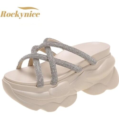 Summer Bling Slippers Womens Chunky Sandals 2021 Fashion Women 9CM Wedges Platform Shoes Woman Open Toe Flats Beach Flip Flops