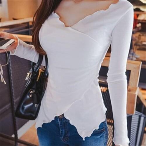 LIBERJOG Women Cotton T Shirts Slim Long Sleeve Pullover V-neck Tees Sexy High Stretch Slim Vintage Tops Female Soft Comfortable