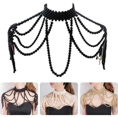Simulated Pearl Beads Body Necklace for Women Fake Collar Bib Jewelry Shoulder Chain Tassels Harness Choker Dickey