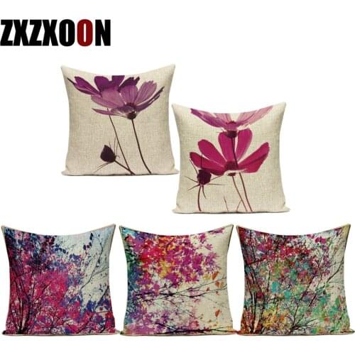 Oil Painting Pink Purple Flower Trees Flower Polyester Sofa Cushion Cover for Living Room Capa De Almofadas Pillowcase