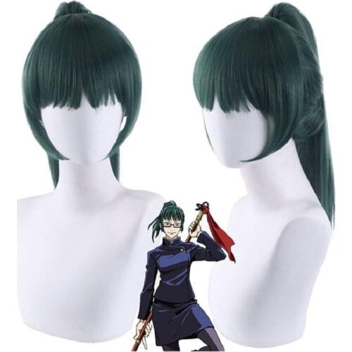 Anime Jujutsu Kaisen Maki Zenin Cosplay Wig with Ponytail 50cm Long Straight Dark Green Synthetic Wigs Heat Resistant Hair