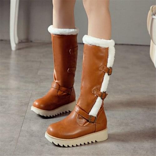 PXELENA 2020 Winter Warm Women Snow Boots Thick Fur Plush Mid Calf Boots Flat Buckle Strap Lady Shoes Non Slip Comfort Plus Size