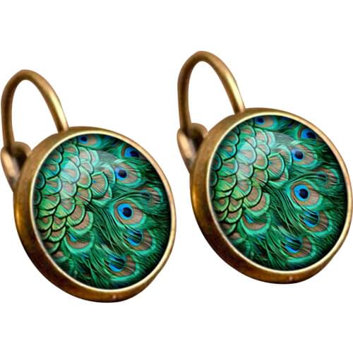 Vintage Women Earrings Peacock Round Glass Cabochon Dangle Leverback Earrings Jewelry aretes hombre pendientes mujer plata