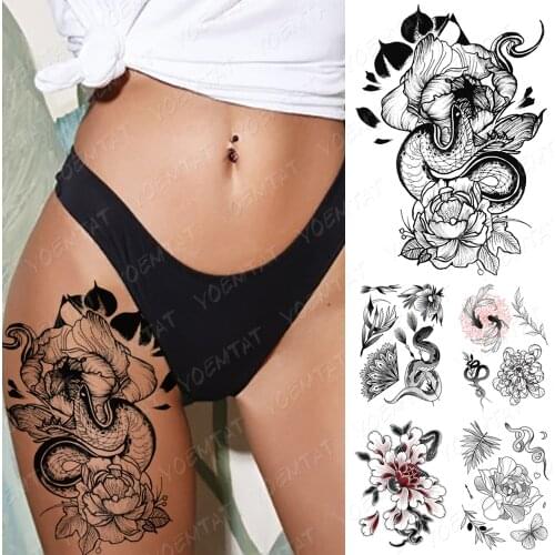 Waterproof Temporary Tattoo Sticker Dark Old School Snake Flower Flash Tattoos Black Lotus Body Art Arm Fake Tatoo Women Men