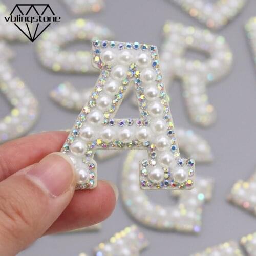 Pearl Rhinestone Letter Patch 1Pcs A-Z White Pearl Alphabet Appliques With AB Crystal Sew on Patches For Clothes Badge Paste DIY