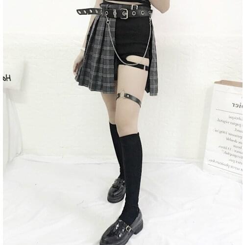 Summer High Waist Chains Belted Plaid Skirt Punk Female Irregular Pleated Goth Skirts 2019 Women Fashion Asymmetrical Skirts