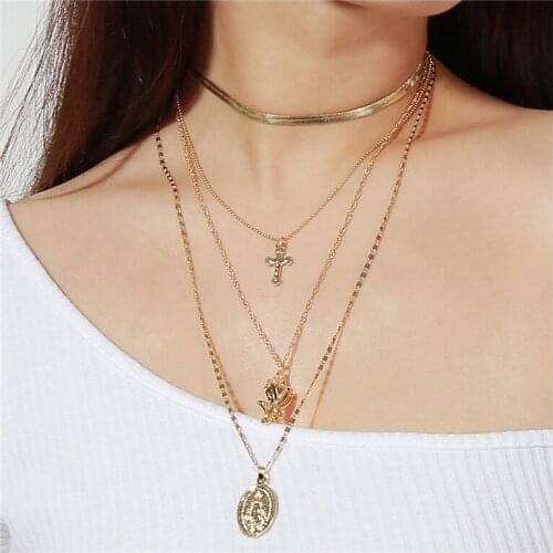 Womens chain on the neck cuban layered Vintage jewelry aesthetic Choker bohemian women Crosses gold Pendant Large necklace