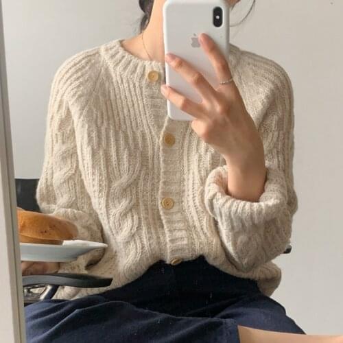 Women Autumn Vintage Wool Blended Twist Sweater Jacket 2021 New Round Collar Single Breasted Knitted Coat Outwear Cardigan