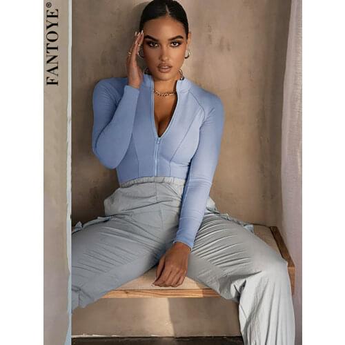 FANTOYE Autumn Long Sleeve Zipper Basic Bodysuit Women Stand Collar Bodycon Jumpsuit Casual High Elasticity Womens Clothing New
