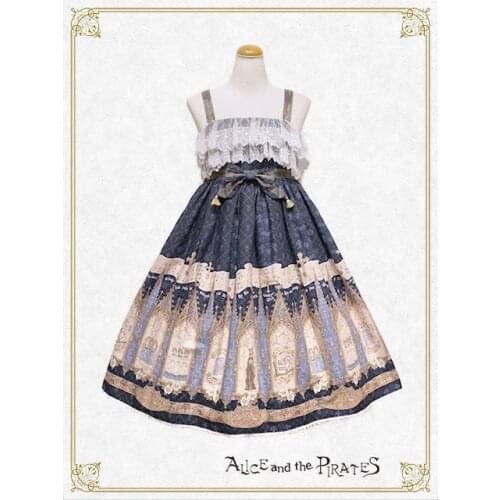 Travelers Song Womens Cupid Church Printing Lolita JSK Dress Sleeveless Suspender Kawaii Dress Bows Cute Color Blue